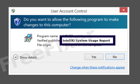 Screenshot where Intel(R) System Usage Report appears as the verified publisher in the UAC dialog
